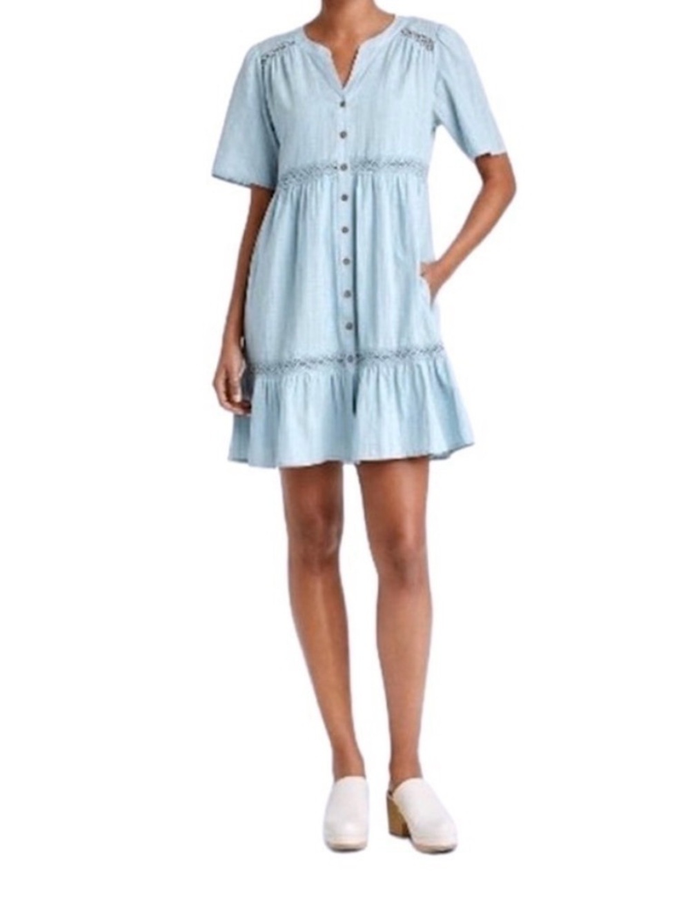 Boho Light Chambray 100% Cotton Coquette Gypsie Oversized Dress w/ POCKETS Sz S